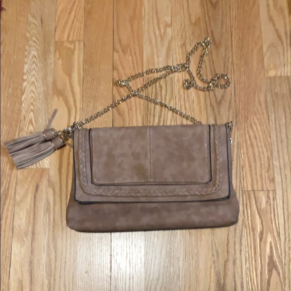 Tan faux leather fold-over clutch w/ black & gold